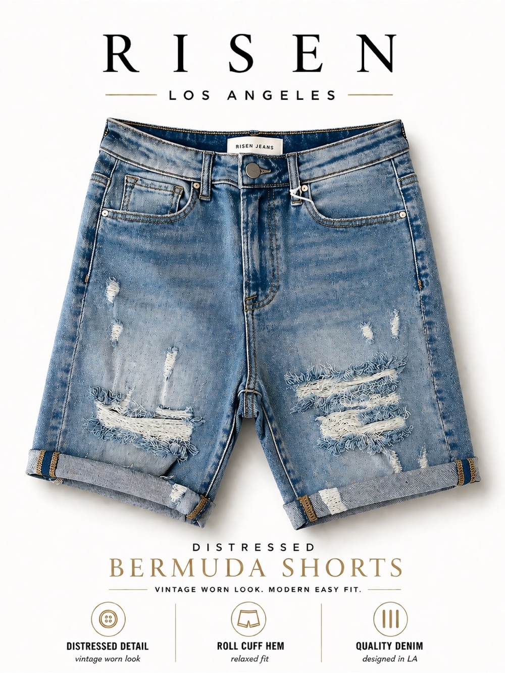 RISEN Los Angeles Distressed Denim Bermuda Shorts Size S 5 High Rise Shorts Gift